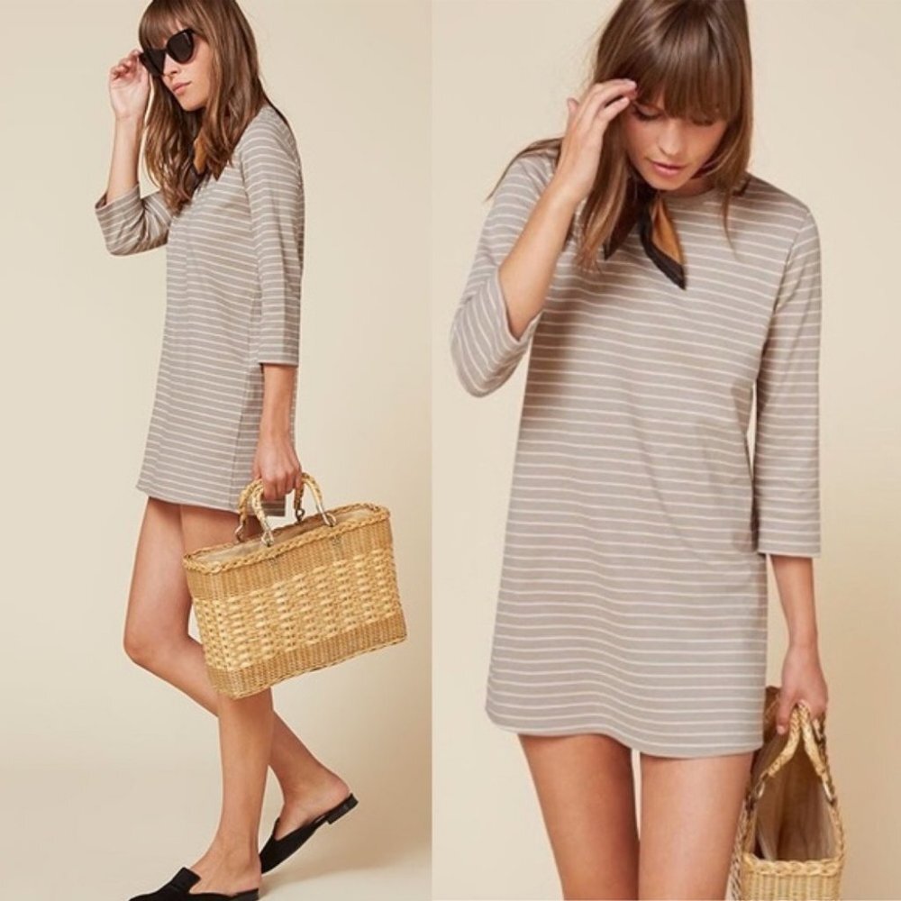 Reformation Striped Mini Dress Sami Tan Womens Size XS 3/4 Sleeves Minimalist